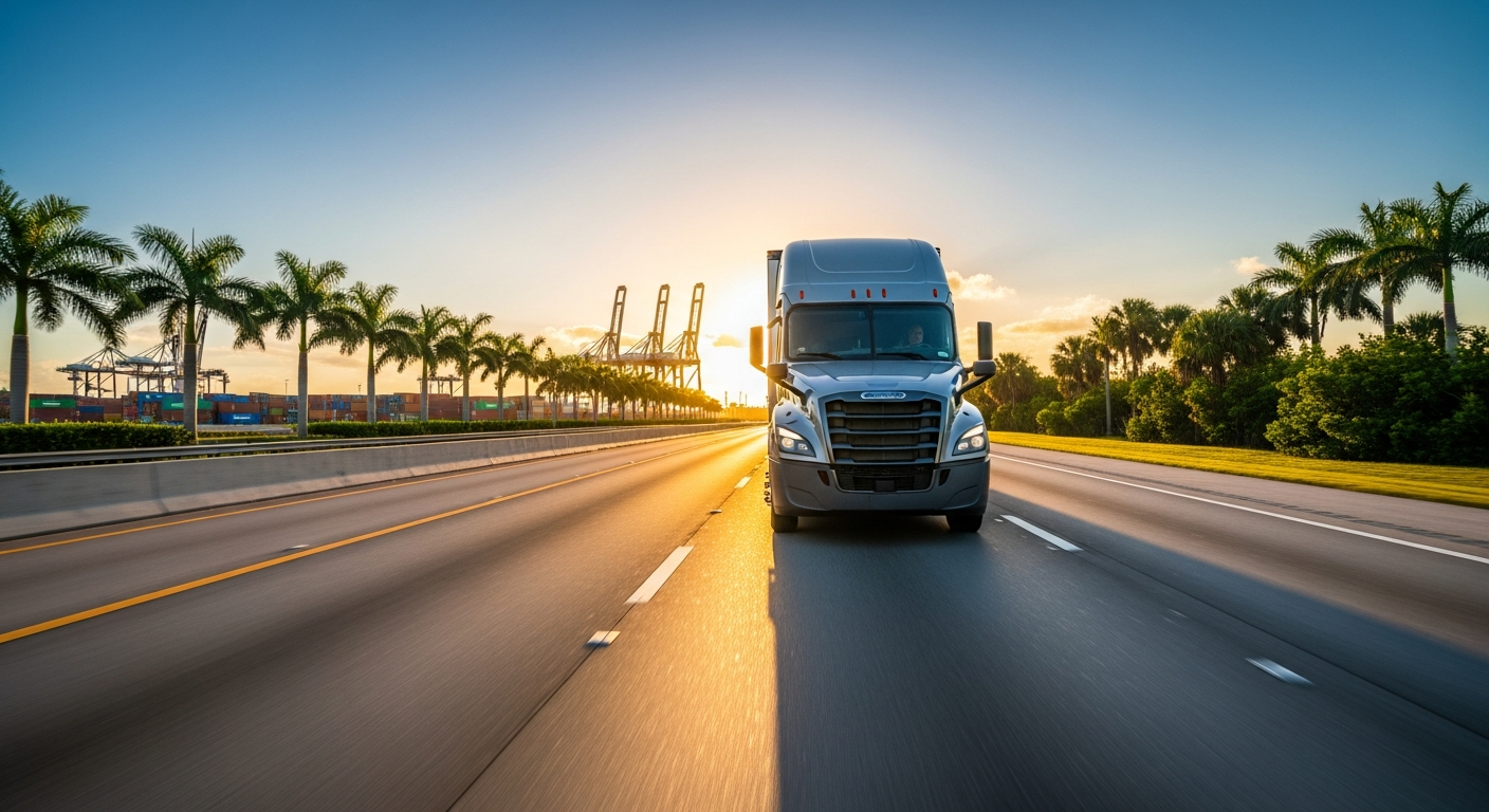 Commercial truck insurance Florida — semi-truck on Florida highway near port with palm trees