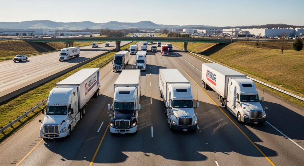 Fleet truck insurance Alabama — commercial trucking fleet on I-65 corridor serving Alabama automotive manufacturing corridor