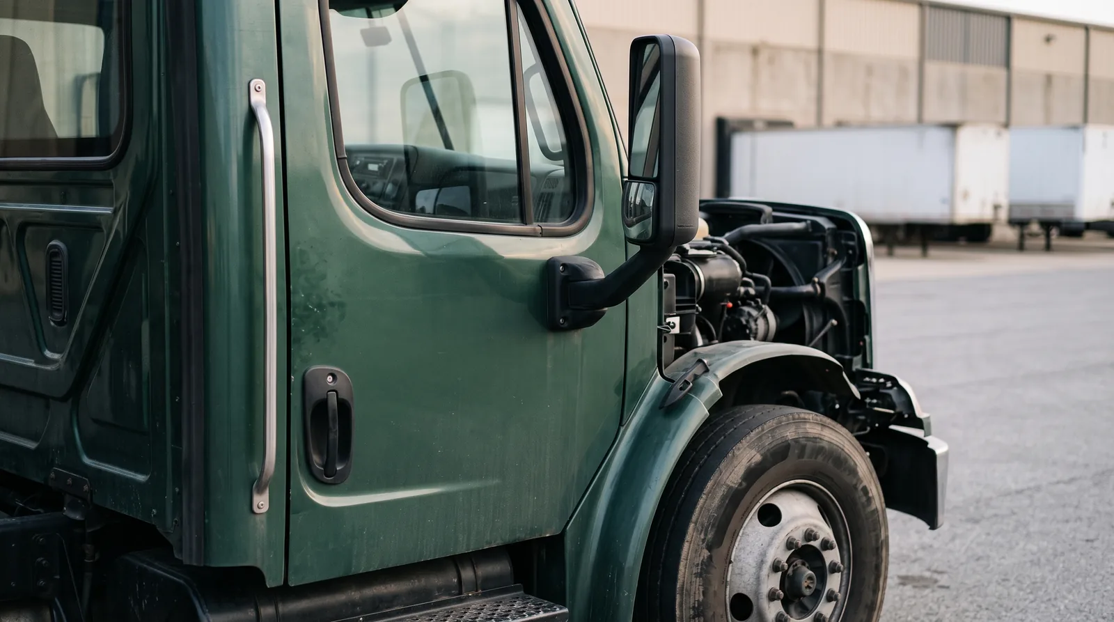 Close exterior detail of an unbranded parked heavy-duty tractor cab in a commercial lot.
